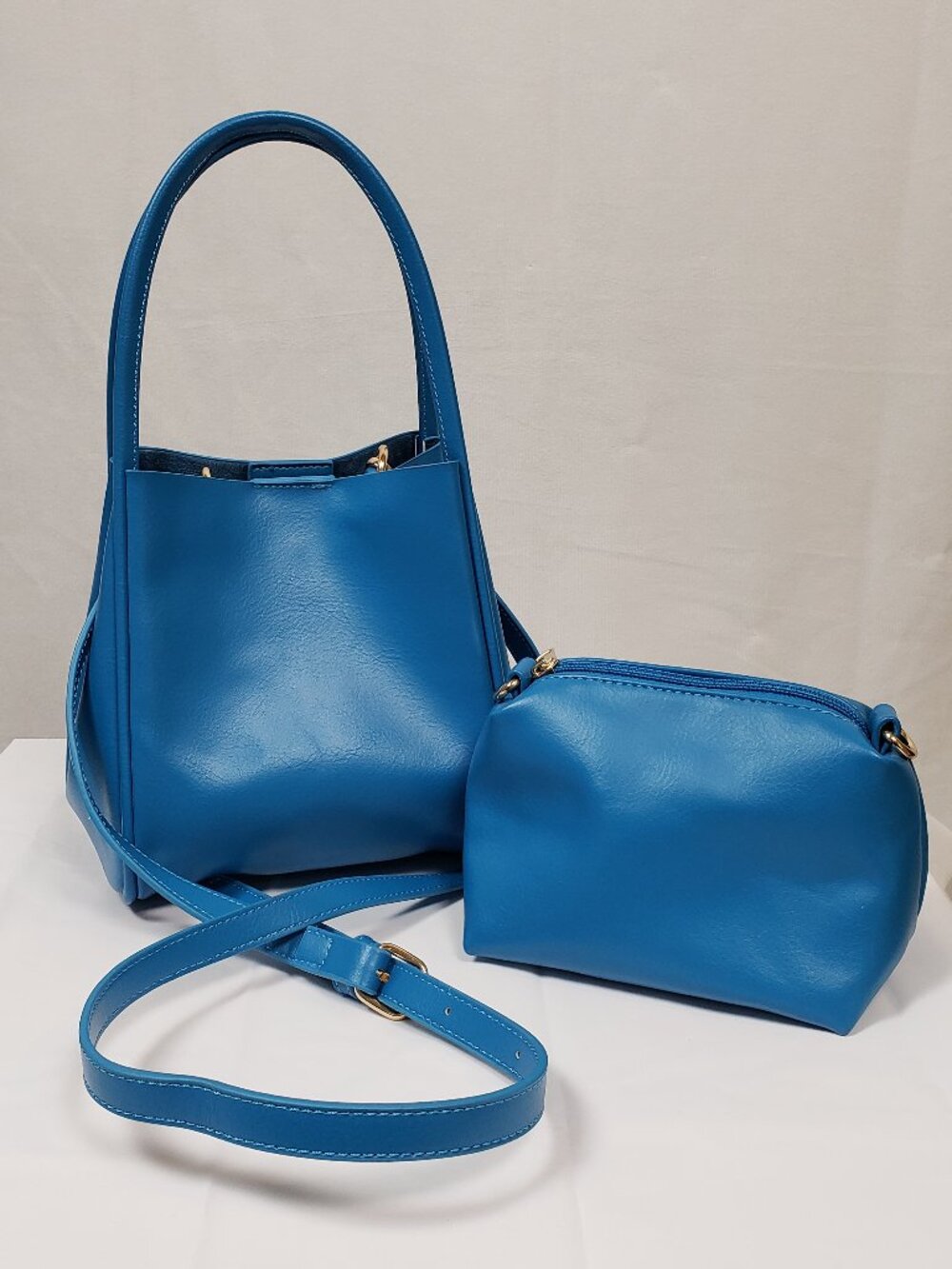 Anthropologie Hollace Tote: Mini Edition Blue Bucket Bag Crossbody Zip Pouch